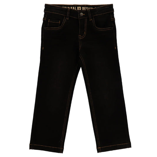 Jeans - Nanö noir en denim avec coutures contrastantes marron, style droit pour enfant, vue de face.