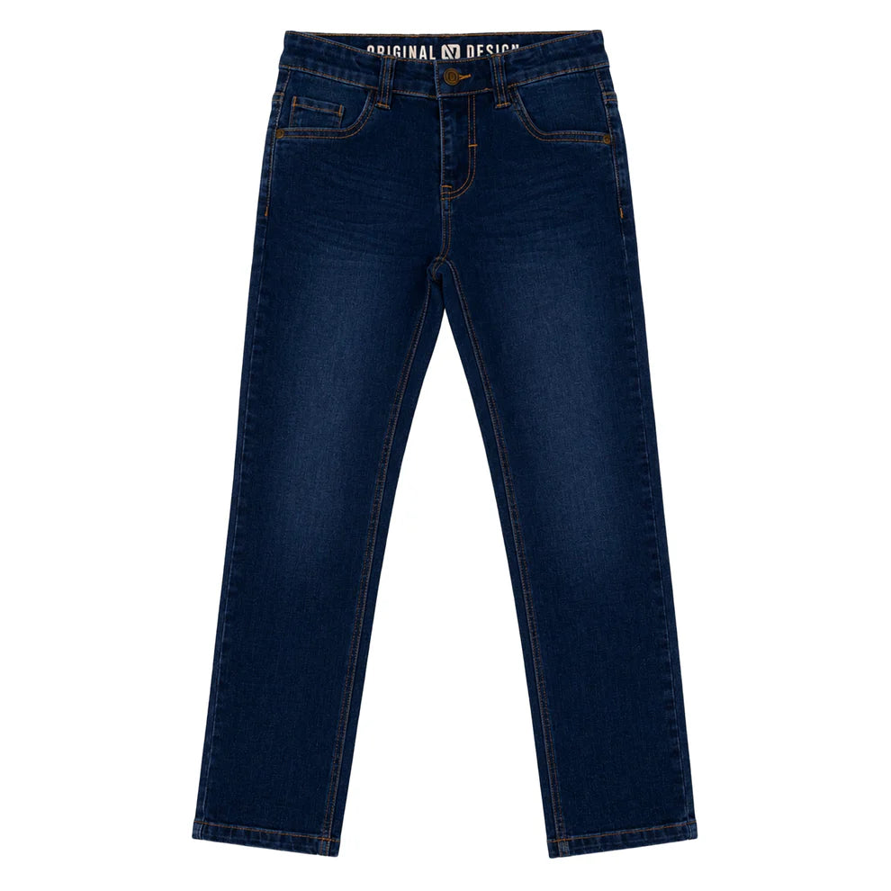 Pantalon - Nanö en jean bleu foncé avec coutures contrastantes orange, coupe droite, pour enfant, vue de face sur fond blanc.