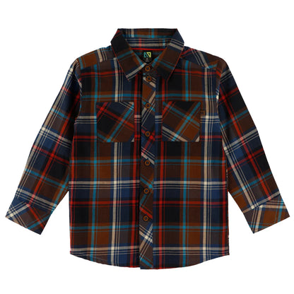 Chemise - Nanö à carreaux bleu marine, marron et rouge en coton, manches longues, pour enfant, vue de face.