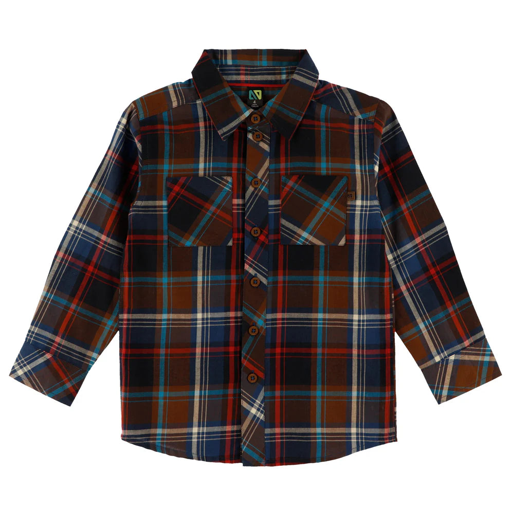 Chemise - Nanö à manches longues en flanelle à carreaux bleu, marron, rouge et beige, pour enfant, vue de face.