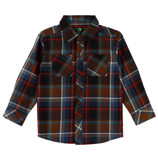 Chemise - Nanö à manches longues en flanelle à carreaux bleu, marron, rouge et beige, pour enfant, vue de face.