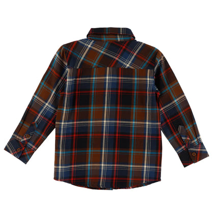 Chemise - Nanö à manches longues pour enfant, motif à carreaux marron, bleu marine, rouge et blanc, vue de dos.