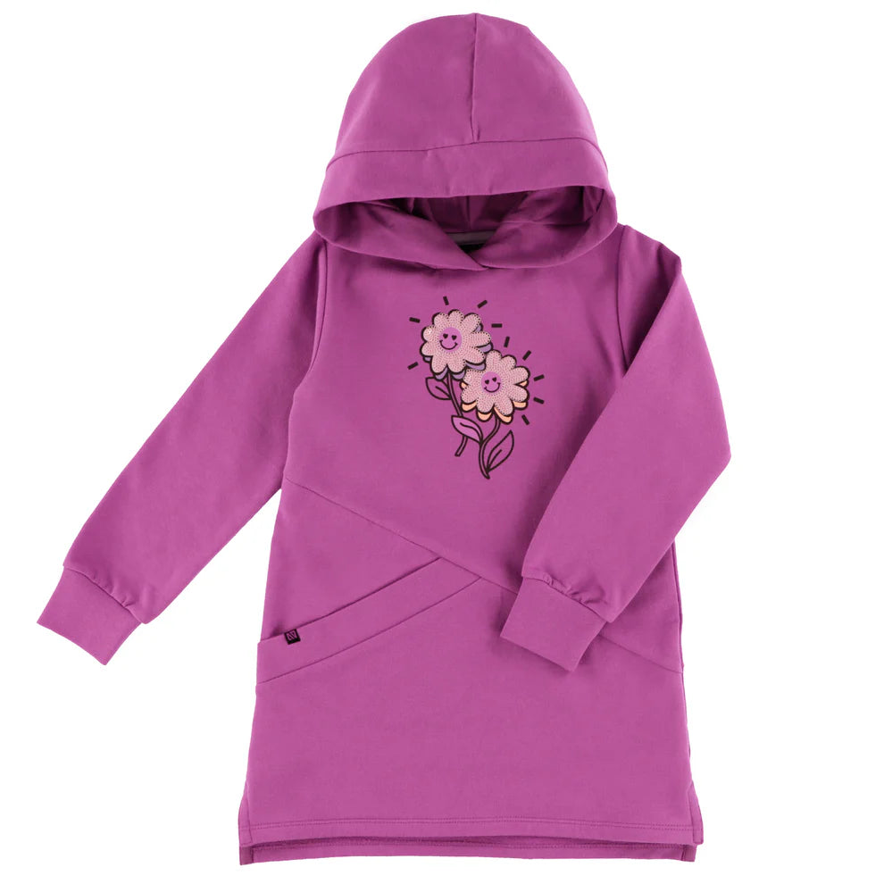 Tunique - Nanö violette en molleton avec capuche et motif fleurs roses et beige, pour enfant, vue de face.