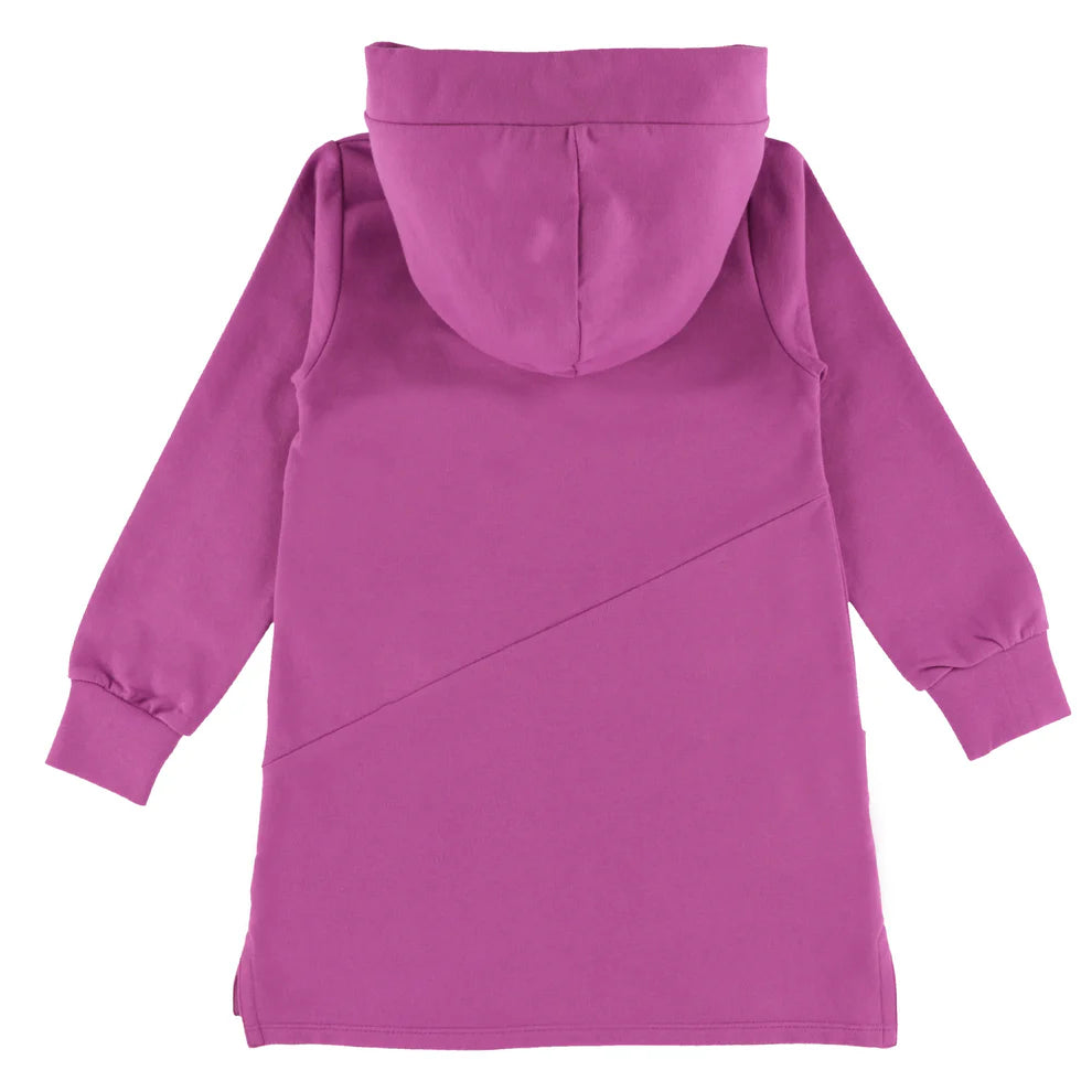 Tunique - Nanö à capuche en coton violet pour enfant, vue de dos, manches longues avec poignets côtelés.