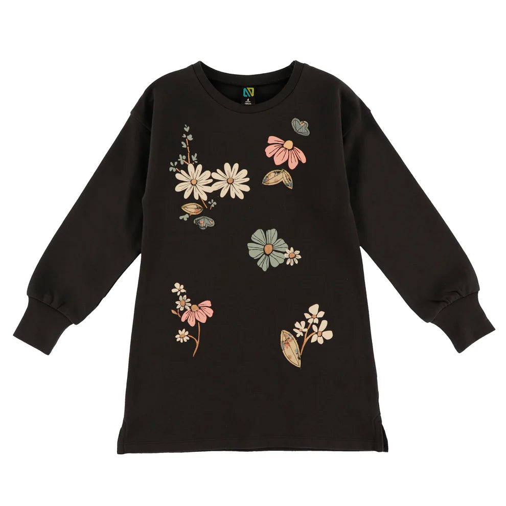 Tunique - Nanö noire en coton avec imprimés floraux roses, blancs et verts, manches longues, pour enfant, vue de face.