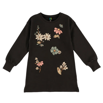 Tunique - Nanö noire en coton avec imprimés floraux roses, blancs et verts, manches longues, pour enfant, vue de face.