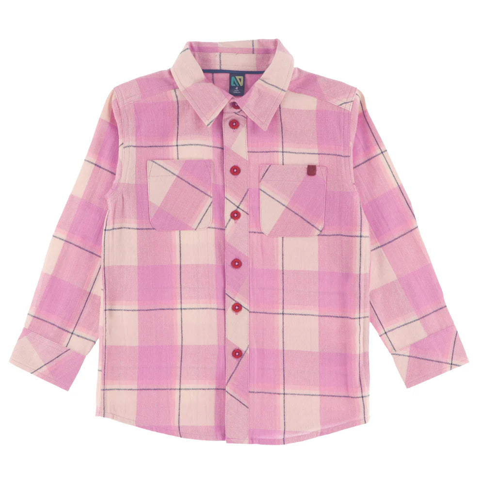 Chemise - Nanö à carreaux roses et blancs avec lignes fines noires, en coton, pour enfant, vue de face.