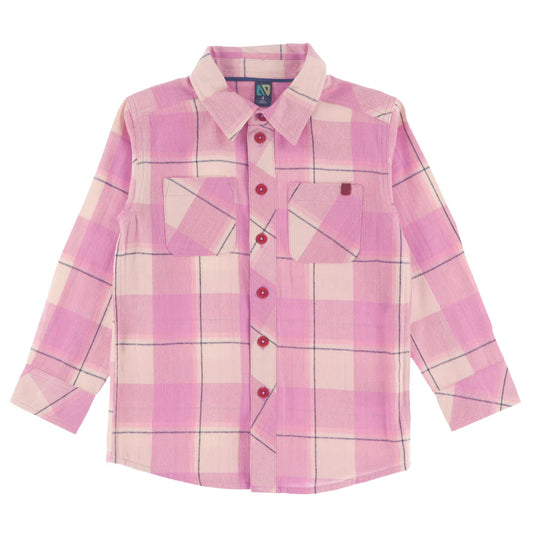Chemise - Nanö à carreaux roses et blancs avec lignes fines noires, en coton, pour enfant, vue de face.