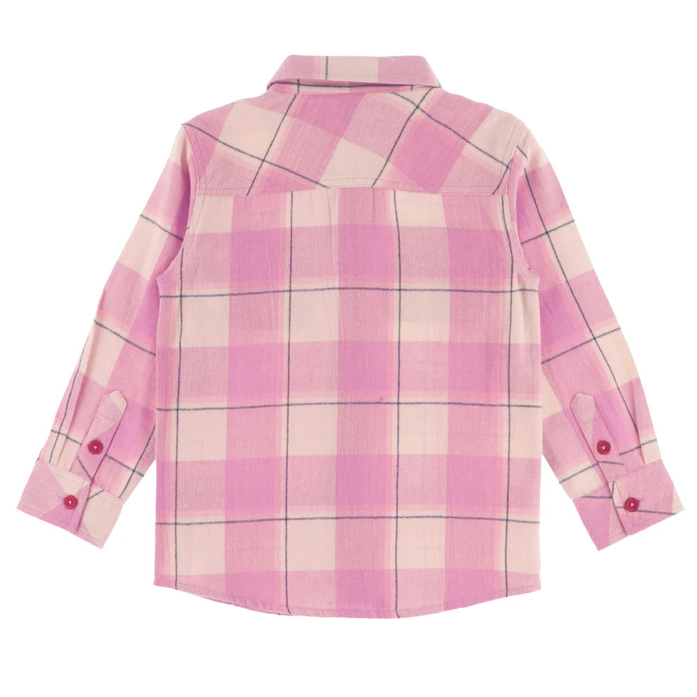 Chemise - Nanö à carreaux roses et blancs avec fines lignes noires, en tissu flanelle, pour enfant, vue de dos.
