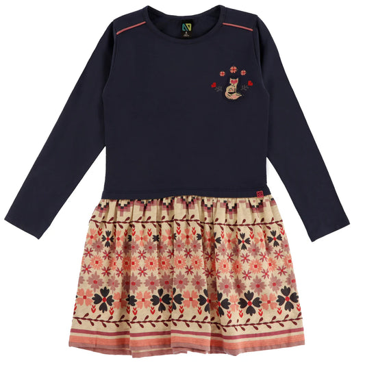 Robe - Nanö à manches longues bleu marine avec jupe beige imprimée de fleurs rouges, noires et brunes, pour enfant, vue de face.