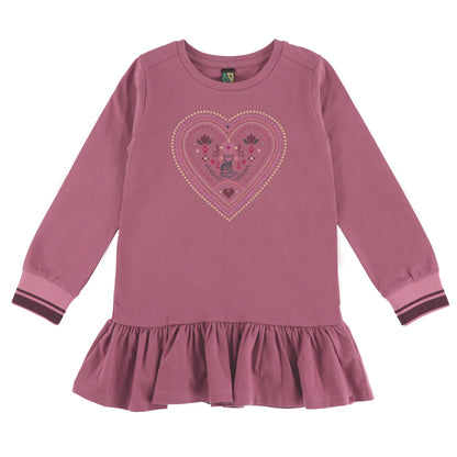 Robe - Nanö rose foncé en coton avec motif cœur décoratif, manches longues, bas volanté, pour enfant, vue de face.