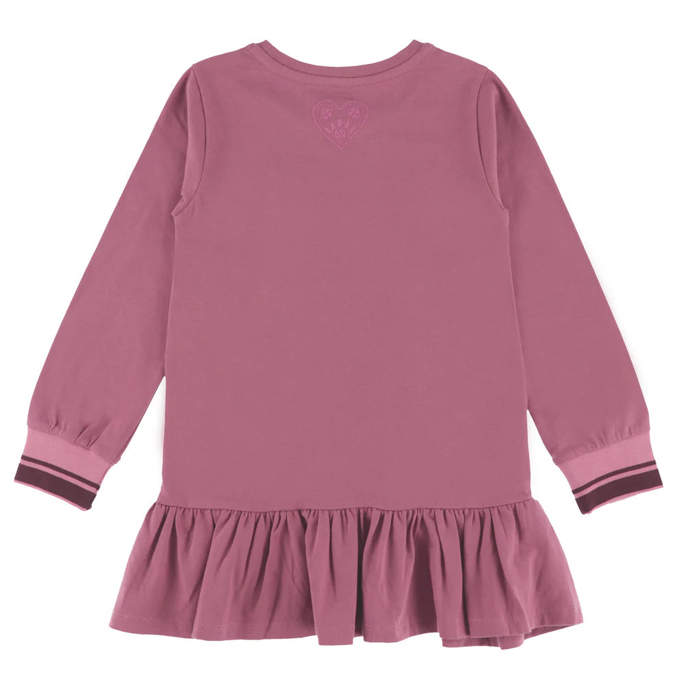 Robe - Nanö en coton violet avec bas volanté et manches longues à poignets rayés, pour enfant, vue de dos.