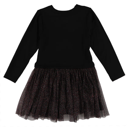 Robe - Nanö noire à manches longues avec jupe en tulle à motifs scintillants vue de face