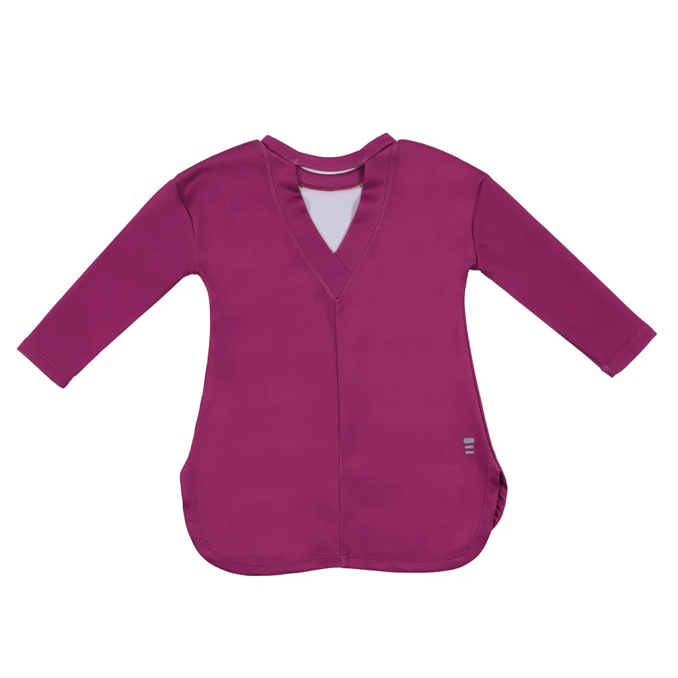 Tunique athlétique - Nanö pour enfant, couleur violet foncé, manches longues, col en V avec ouverture, vue de face sur fond blanc.
