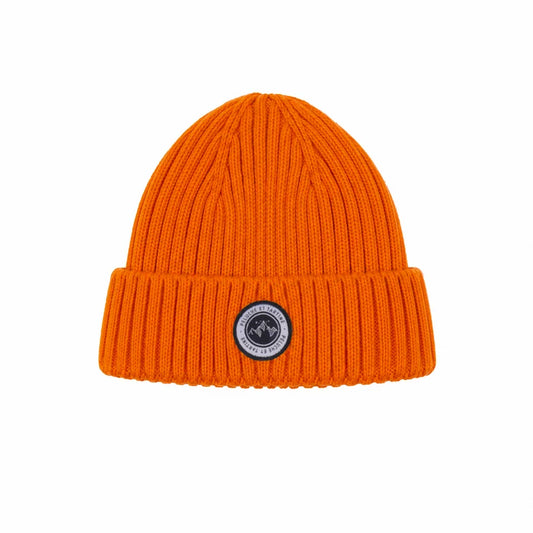 Tuque d'hiver - Peluche & Tartine orange en tricot côtelé avec écusson rond sur le revers vue de face