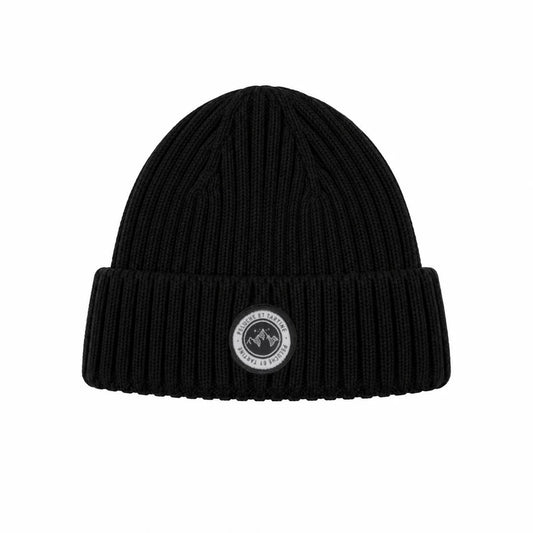 Tuque d'hiver - Peluche & Tartine noire en tricot côtelé avec revers et écusson circulaire sur le devant vue de face