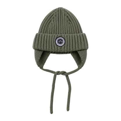 Tuque d'hiver - Peluche & Tartine en tricot vert olive, avec couvre oreilles et cordons, pour enfant, vue de face