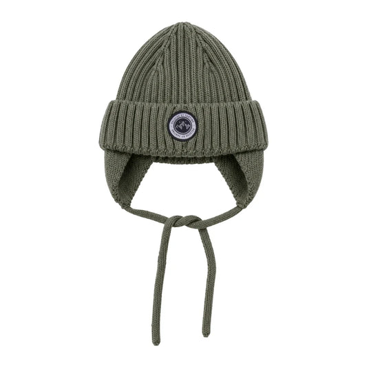 Tuque d'hiver - Peluche & Tartine en tricot vert olive, avec couvre oreilles et cordons, pour enfant, vue de face