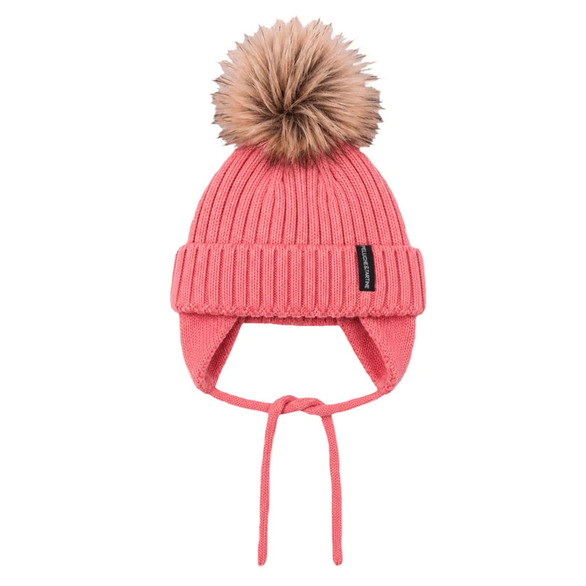Tuque d'hiver - Peluche & Tartine rose en tricot avec pompon, couvre-oreilles et cordons, pour bébé, vue de face