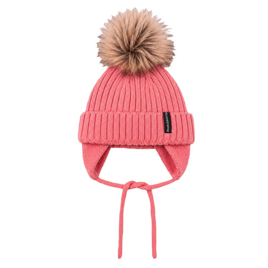 Tuque d'hiver - Peluche & Tartine rose en tricot avec pompon, couvre-oreilles et cordons, pour bébé, vue de face