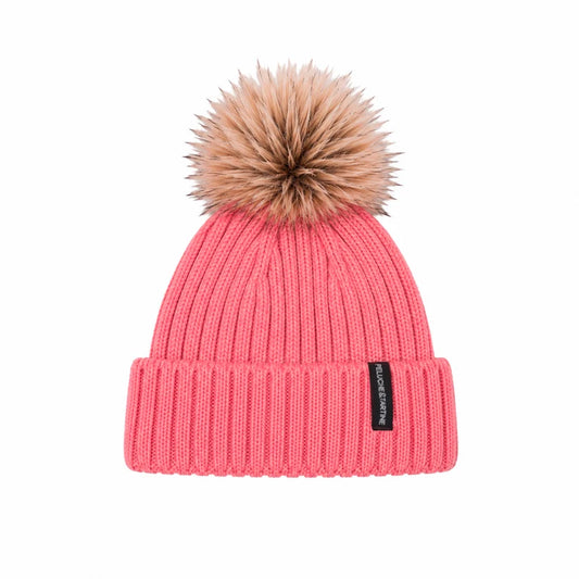 Tuque d'hiver - Peluche & Tartine rose corail en tricot côtelé avec pompon en fourrure synthétique vue de face