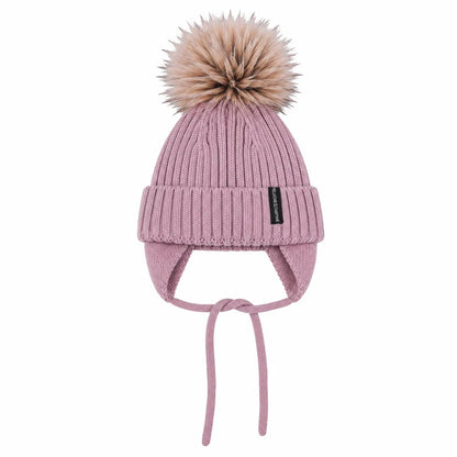 Tuque d'hiver - Peluche & Tartine rose en tricot avec pompon et couvre-oreilles à liens pour enfant vue de face