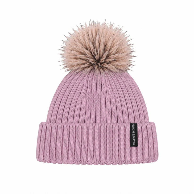 Tuque d'hiver - Peluche & Tartine, tuque rose en tricot côtelé avec pompon beige, vue de face pour enfant