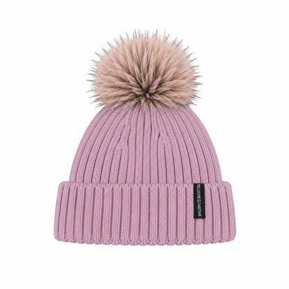 Tuque d'hiver - Peluche & Tartine, tuque rose en tricot côtelé avec pompon beige, vue de face pour enfant