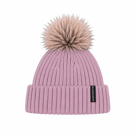 Tuque d'hiver - Peluche & Tartine, tuque rose en tricot côtelé avec pompon beige, vue de face pour enfant