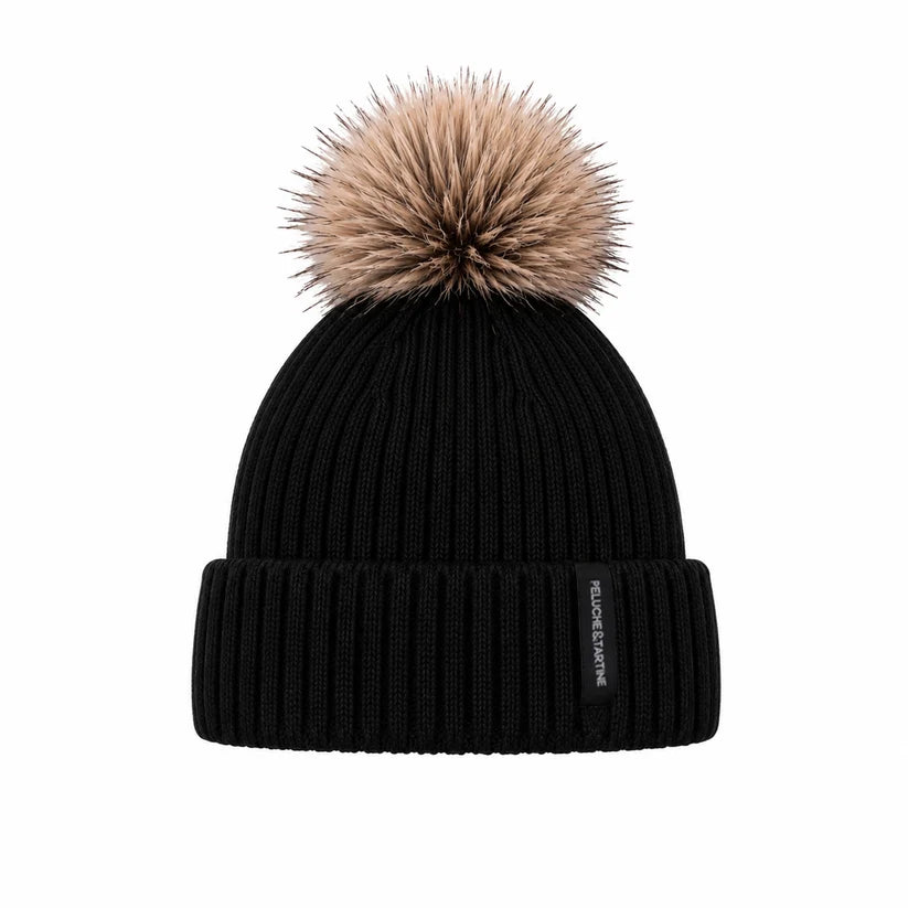 Tuque d'hiver - Peluche & Tartine noire en maille côtelée avec pompon effet fourrure beige vue de face