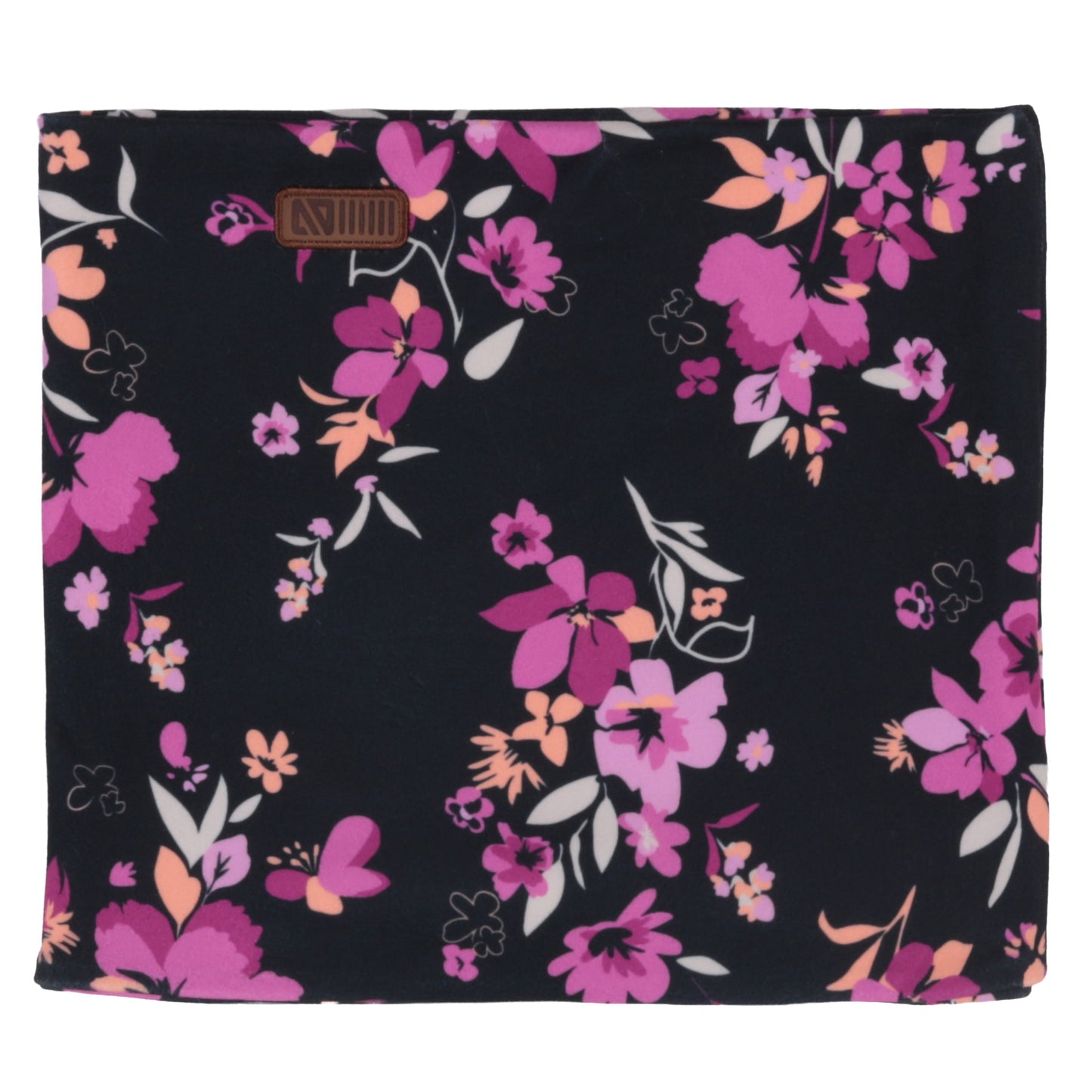 Cache-Cou d'hiver - Nanö en tissu doux noir à motifs floraux roses, lilas et pêche, pour enfant, vue de face.