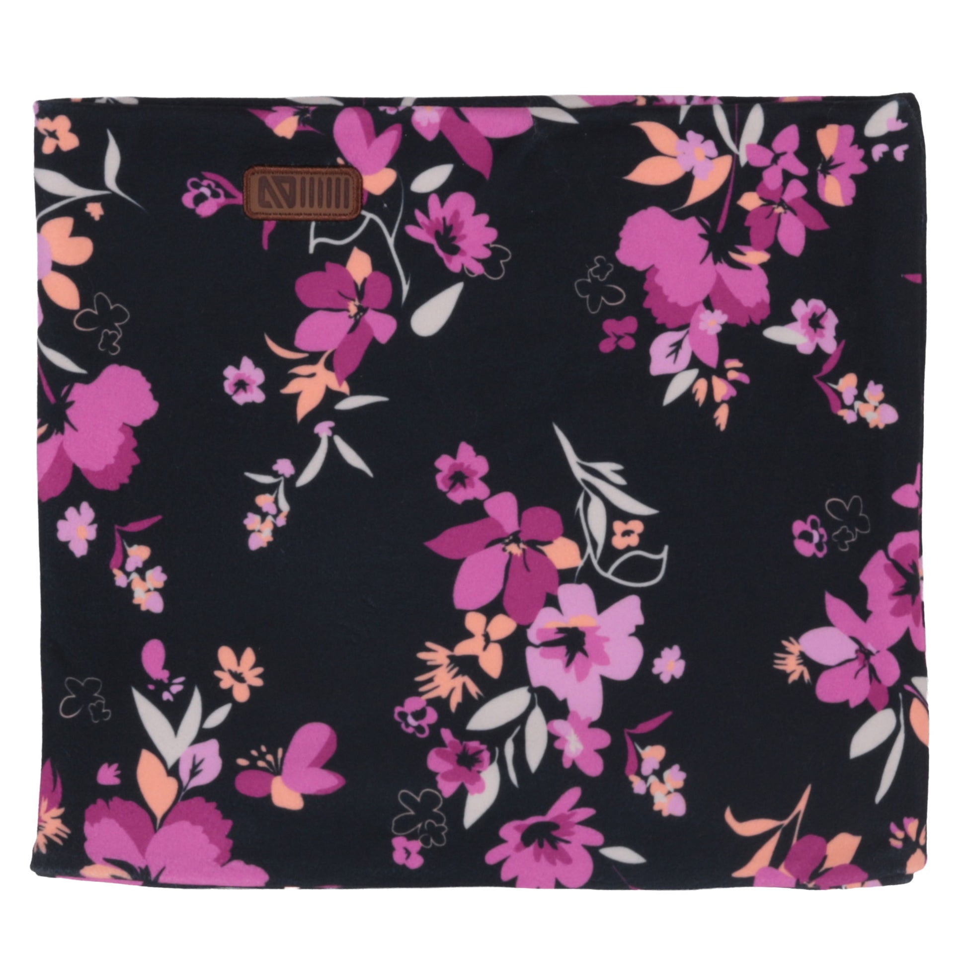 Cache-Cou d'hiver - Nanö en tissu doux noir à motifs floraux roses, lilas et pêche, pour enfant, vue de face.