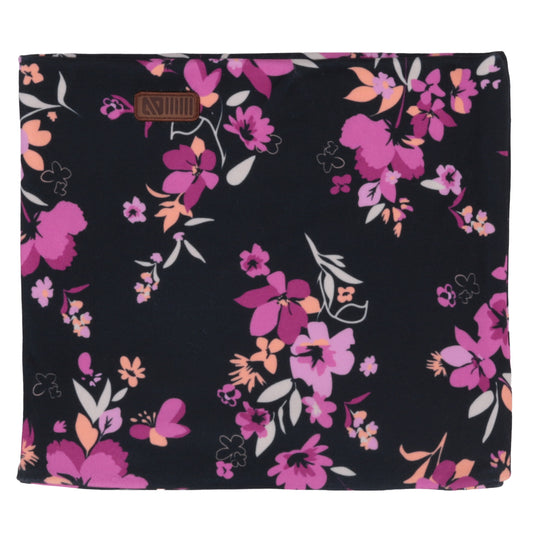 Cache-Cou d'hiver - Nanö en tissu doux noir à motifs floraux roses, lilas et pêche, pour enfant, vue de face.