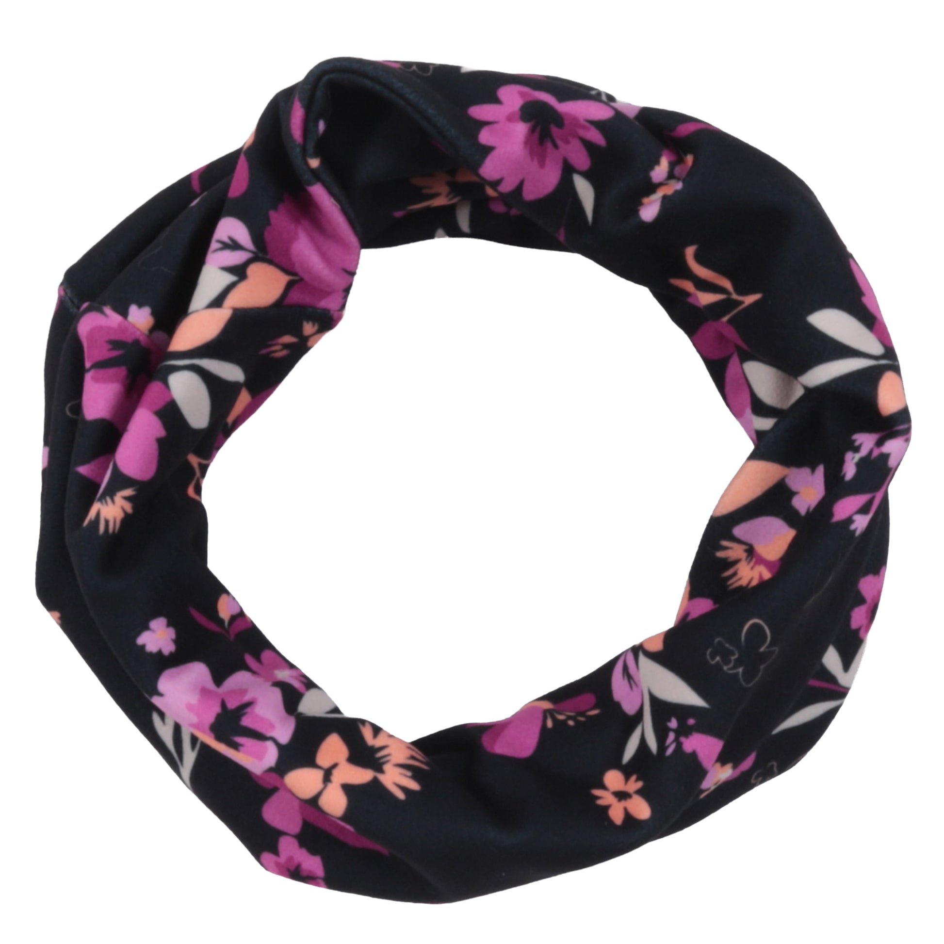 Cache-Cou d'hiver - Nanö en tissu noir avec motifs floraux roses et pêche, style tour de cou, vue de dessus.