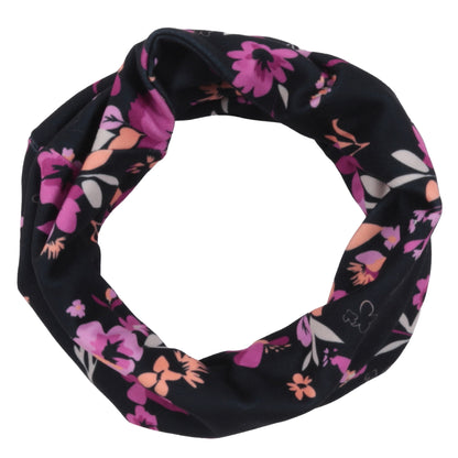 Cache-Cou d'hiver - Nanö en tissu noir avec motifs floraux roses et pêche, style tour de cou, vue de dessus.