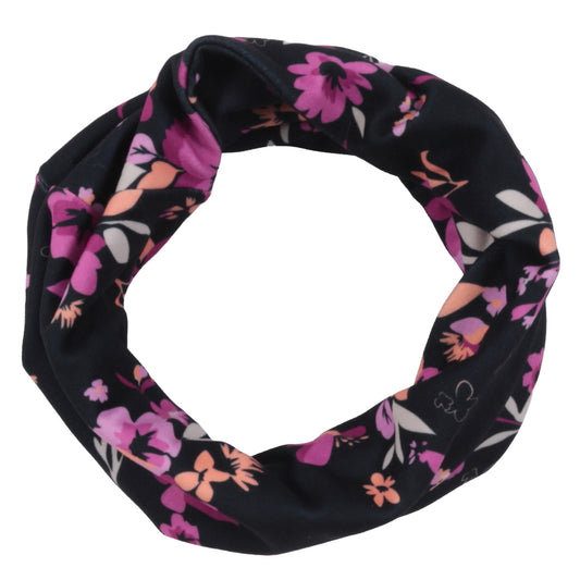 Cache-Cou d'hiver - Nanö en tissu noir avec motifs floraux roses et pêche, style tour de cou, vue de dessus.