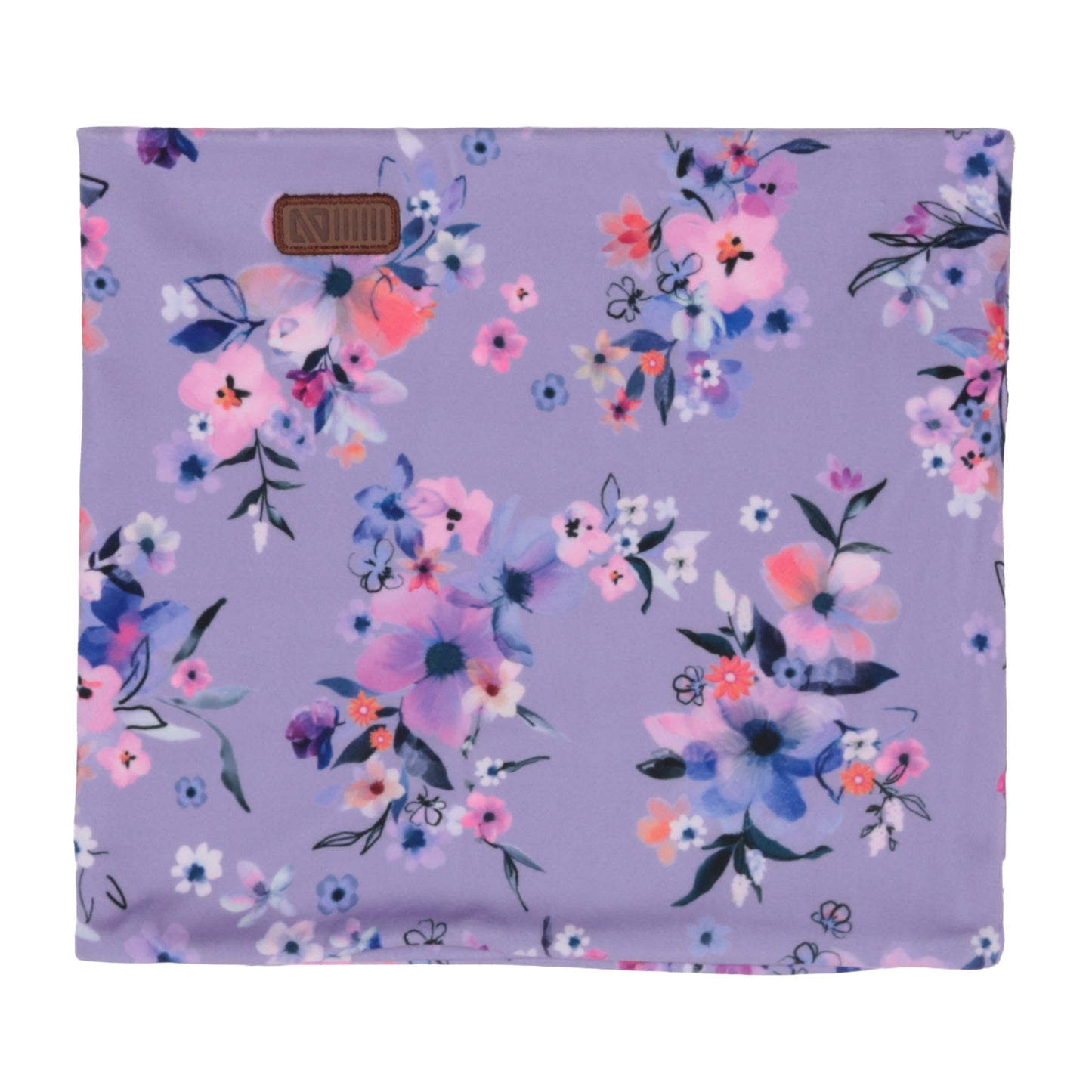 Cache-Cou - Nanö en tissu lilas avec motifs floraux roses, bleus et blancs, accessoire doux pour enfant, vue de face.