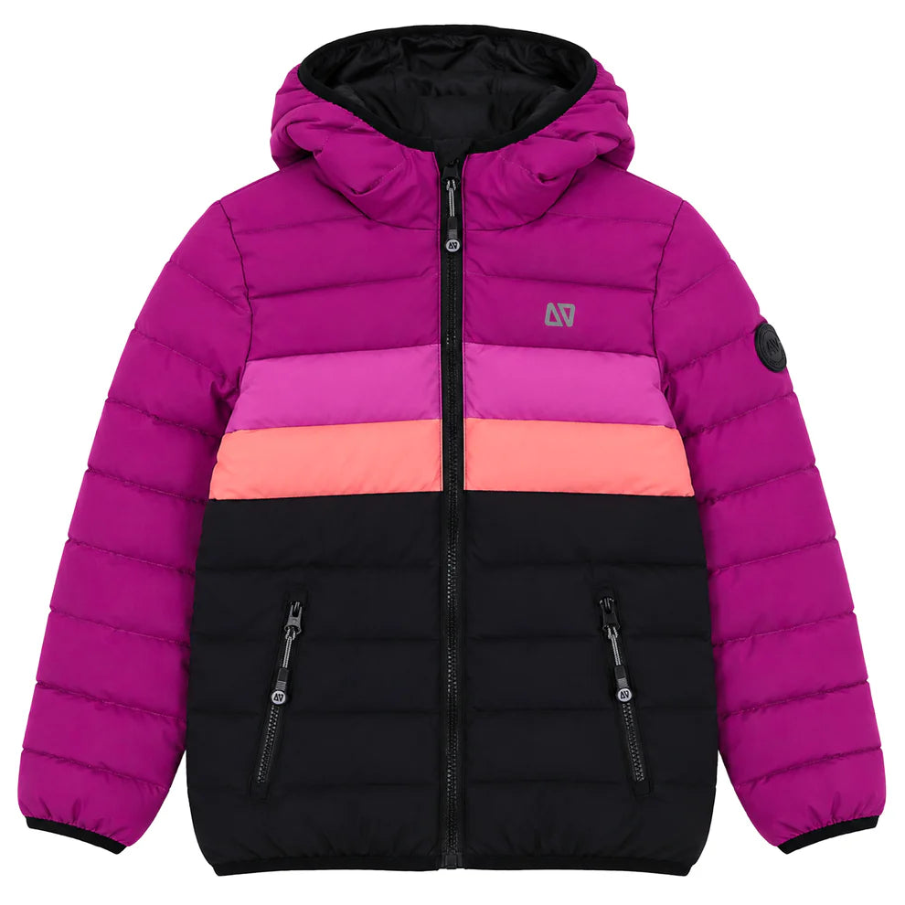 Manteau Mi-Saison Mauve - Nanö, doudoune color block mauve, rose et corail avec capuche, fermeture zippée, pour enfant, vue de face.