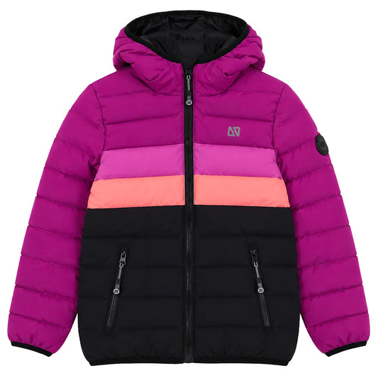 Manteau Mi-Saison Mauve - Nanö, doudoune color block mauve, rose et corail avec capuche, fermeture zippée, pour enfant, vue de face.