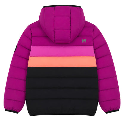 Manteau Mi-Saison Mauve - Nanö pour enfant, coupe rembourrée avec capuche, coloris mauve, rose clair, corail et noir, vue de dos.