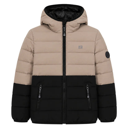 Manteau Mi-Saison Beige - Nanö bicolore beige et noir, modèle matelassé avec capuche et fermeture zippée, pour enfant, vue de face.