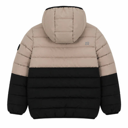 Manteau Mi-Saison Beige - Nanö beige et noir, matelassé avec capuche, pour enfant, vue de dos.
