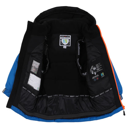 Habit de neige Chris - Nanö bleu avec intérieur noir et détails orange, doublure chaude en polaire, pour enfant, vue intérieure ouverte.