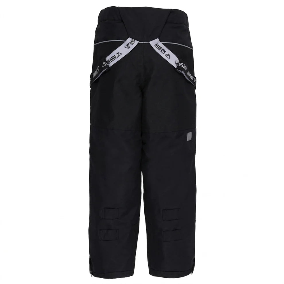 Pantalon de neige noir avec bretelles réglables à motifs blancs, pour enfant, style confortable, vue de dos, Habit de neige Chris - Nanö.