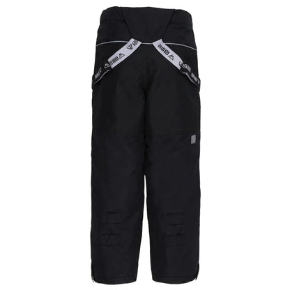 Pantalon de neige noir avec bretelles réglables à motifs blancs, pour enfant, style confortable, vue de dos, Habit de neige Chris - Nanö.