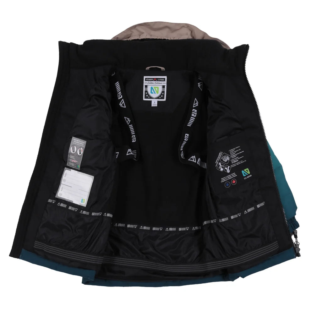 Habit de neige Logan - Nanö bleu et beige pour enfant, vue intérieure détaillée avec doublure noire et informations techniques visibles