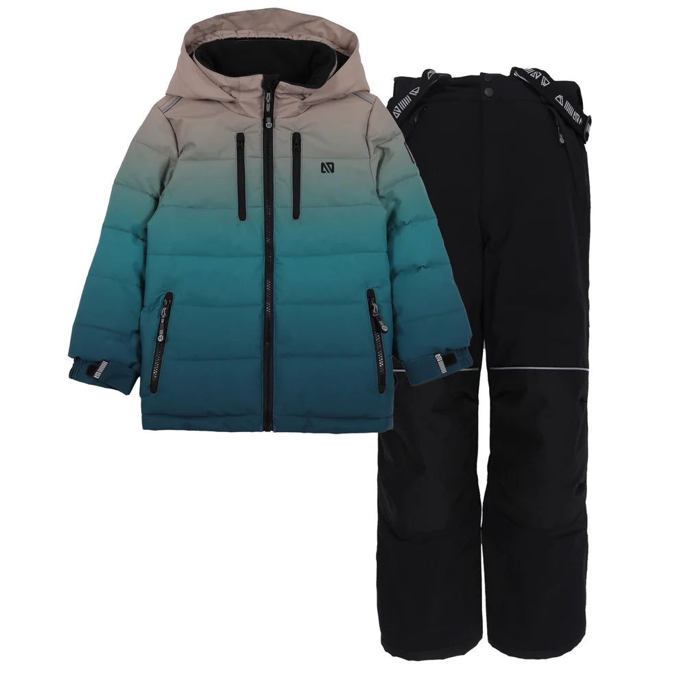 Habit de neige Logan - Nanö comprenant une veste à capuche dégradé bleu et beige avec fermeture éclair et pantalons noirs avec bretelles, pour enfant, vue de face.