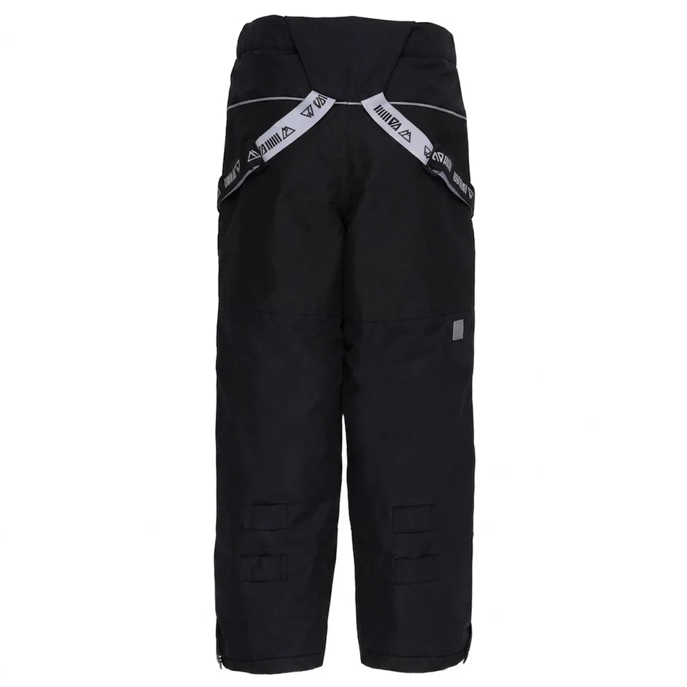 Habit de neige Logan - Nanö noir avec bretelles blanches à motifs, style fonctionnel, matériau isolant, pour enfant, vue de dos.