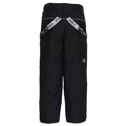 Habit de neige Logan - Nanö noir avec bretelles blanches à motifs, style fonctionnel, matériau isolant, pour enfant, vue de dos.