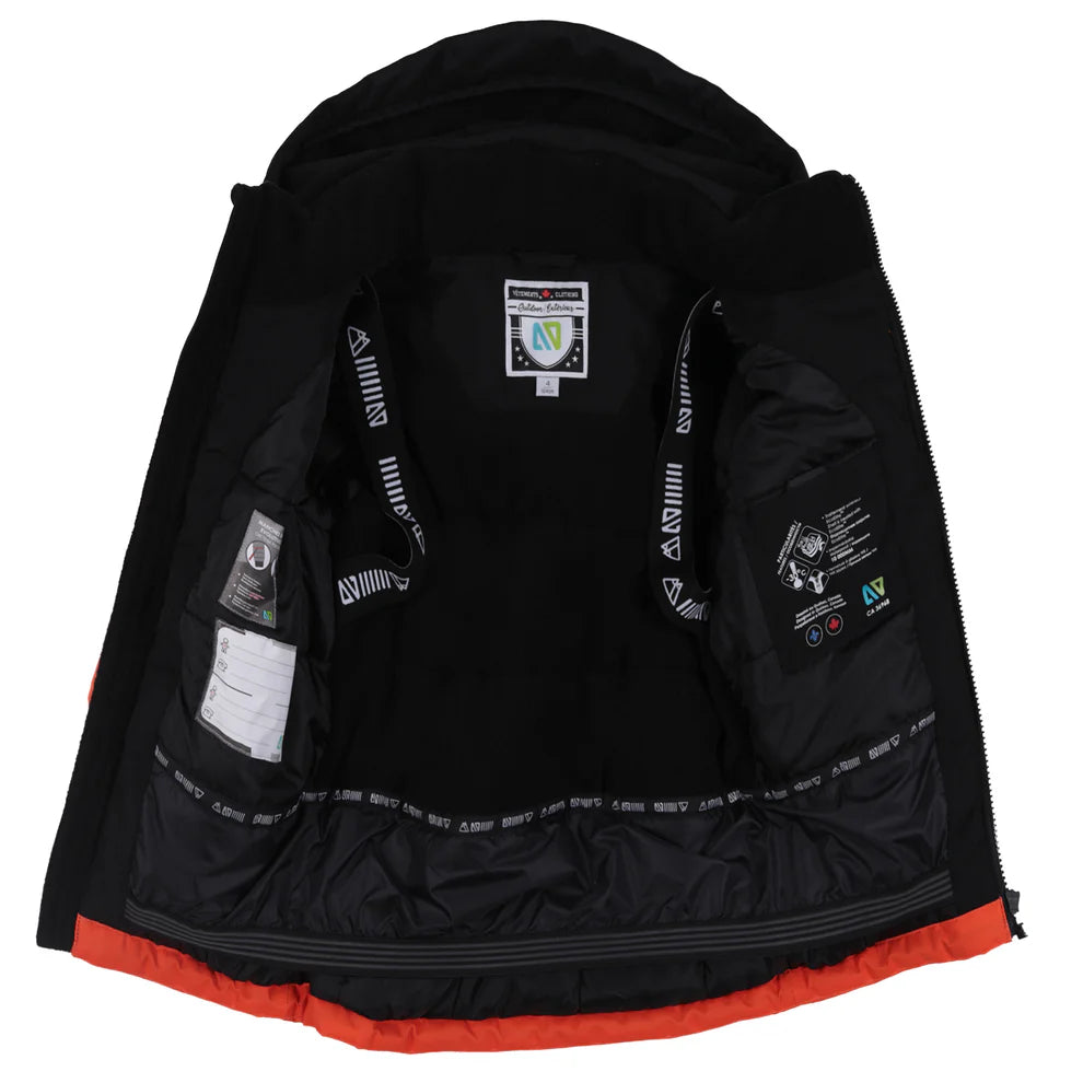 Habit de neige Simon - Nanö noir et orange enfant, vue de l’intérieur avec doublure en tissu technique et bretelles ajustables.